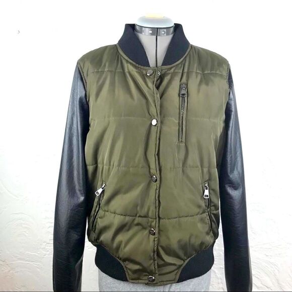 Madden Girl Olive Faux Black Leather Puffer Jacket - Picture 1 of 13